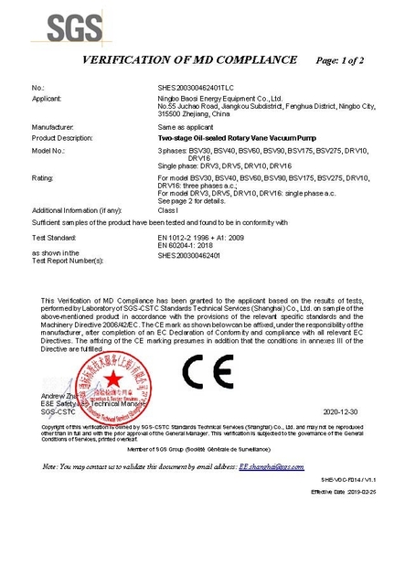 Κίνα Ningbo Baosi Energy Equipment Co., Ltd. Πιστοποιήσεις